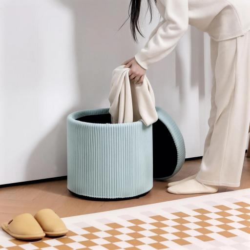 Puff con Almacenaje Redondo Tapizado en Pana con Estructura de Acero Estable y Acolchado Suave Ø40x41 cm Azul Claro [6]