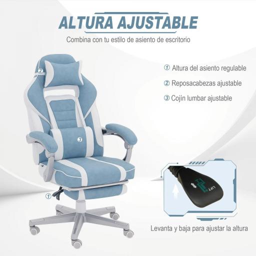 Silla Gamer Reclinable con Altura Ajustable Reposapiés Retráctil Soporte Lumbar y Reposacabezas Desmontable Azul [4]