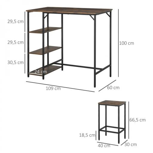 Set de Mesa de Bar y 2 Taburetes con Reposapiés y Estantes de 3 Niveles Almohadillas 109x60x100 cm Marrón Rústico [1]