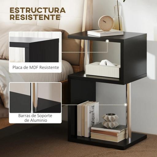 Mesa Auxiliar con Luz LED de 3 Niveles con Estantes y Estructura de Aluminio para Salón Dormitorio 44x38x75 cm Negro [7]
