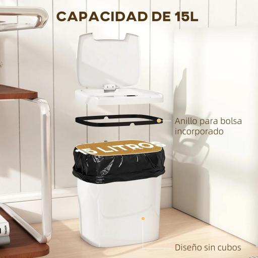 Cubo de Basura Cocina Automático 15 L con Sensor Infrarrojo y Modo Manual Anillo de Retención Antihuellas Blanco [3]