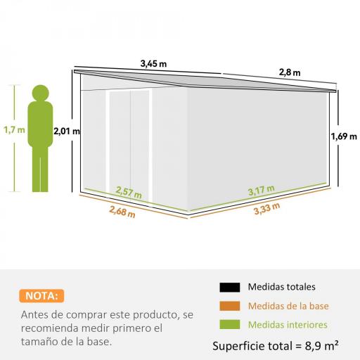 Cobertizo de Jardín 280x345x201 cm 8,9 m² para Almacenamiento de Herramientas con Puerta y 2 Ventanas Gris [1]