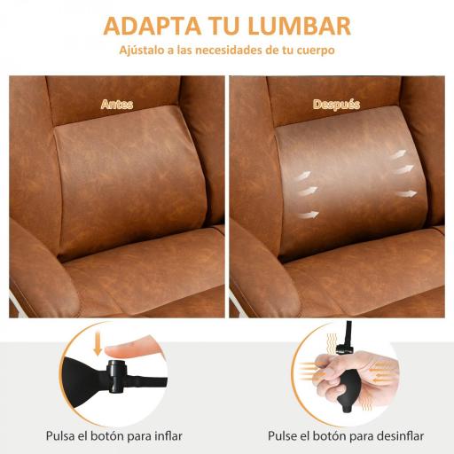 Silla de Escritorio con Soporte Lumbar Inflable Tapizada en PU Reposapiés Respaldo Reclinable Altura Ajustable Marrón [2]