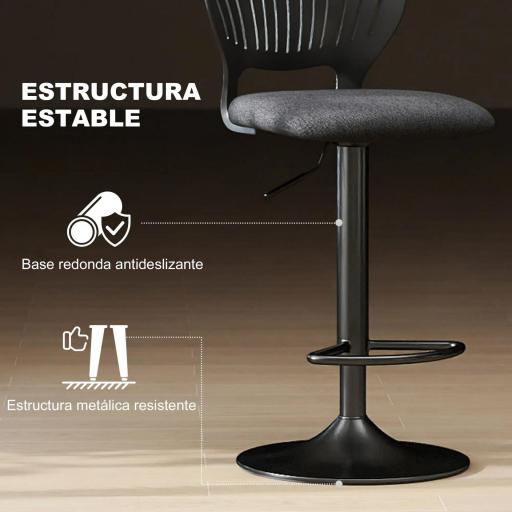 Juego de 2 Taburetes de Bar Giratorios en 360° Regulables en Altura de 84-105 cm Respaldo Hueco Reposapiés Negro [5]