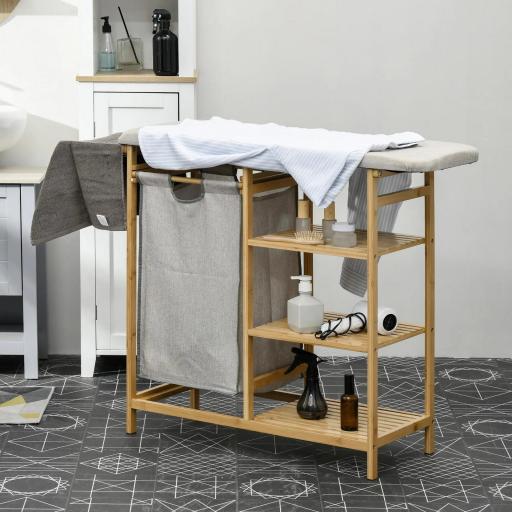 Cesto de Ropa Sucia 57,4L con Tabla de Planchar Soporte para Plancha 3 Estantes y Bolsa Extraíble 113x34x82 cm Natural [8]