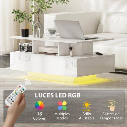 Mesa de Centro LED Moderna con 4 Cajones Estante Abierto y Luces LED de 16 Colores para Salón 90x55x41 cm Blanco Brillo [2]