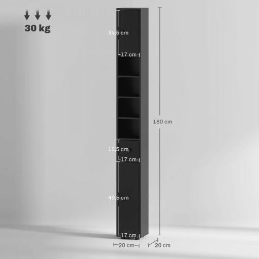 Armario de Baño Alto Columna de Baño Estrecha con 1 Cajón 4 Estantes Abiertos y Estantes Ajustables 20x20x180 cm Negro [1]