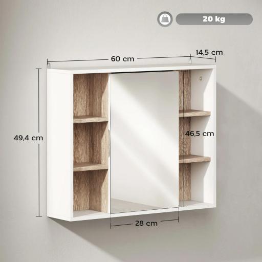 Armario Espejo con Espacio Interno con Estantes Ajustables Armario de Baño Montado en la Pared con Estantes Abiertos 60x14,5x49,4 cm Blanco y Roble [1]