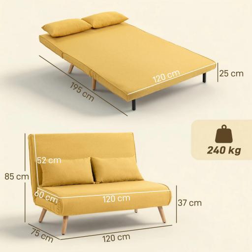 Sofá Cama de 2 Plazas Plegable Sofá Cama Tapizado en Lino con Respaldo Ajustable 5 Posiciones 2 Almohadas Amarillo [1]