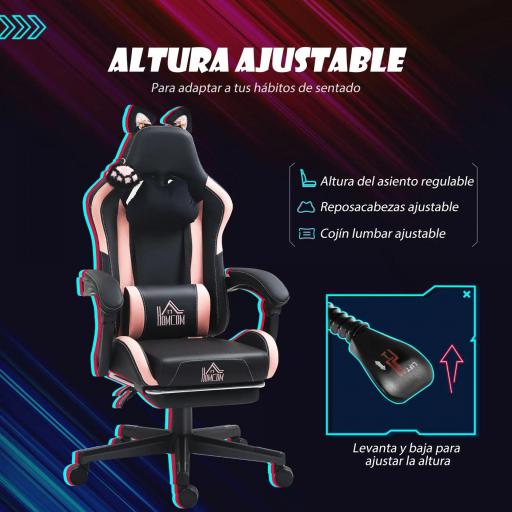 Silla Gamer Reclinable con Altura Ajustable Reposapiés Retráctil Soporte Lumbar y Reposacabezas Desmontable Negro [4]