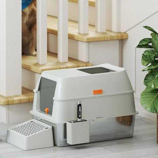 Arenero para Gatos Cubierto de Acero Inoxidable con Paso de Salida y Pala de Acero Inoxidable Gris Claro