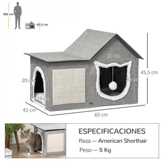Caseta para Gatos Casa para Gatos Interior con Almohadilla para Rascar Cojín Suave y Bola Colgante 65x41x45,5 cm Gris [1]