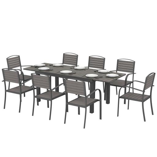 Conjunto de Mesa y Sillas Jardín con Mesa Extensible Marco de Aluminio 8 Sillas y Tablero de Lamas de Madera Plástica [8]