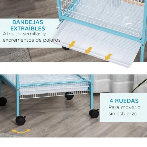 Jaula para Pájaros de 2 Niveles con Ruedas Bandejas Extraíbles Puertas Comederos Perchas 51,5x50x140 cm Azul [2]