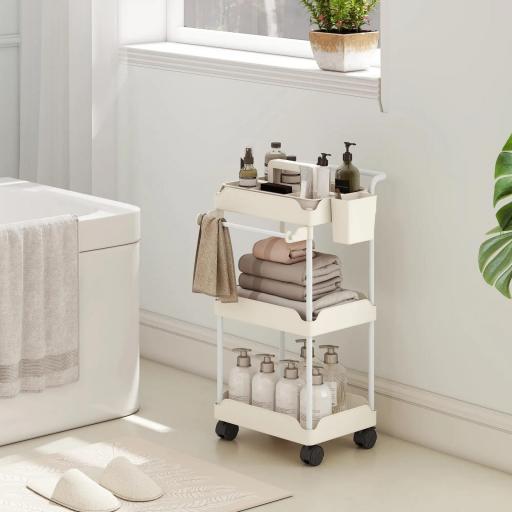 Carrito Auxiliar con Ruedas de 3 Niveles Carrito de Cocina con Cestas Extraíbles y Soporte para Toallas Blanco [5]