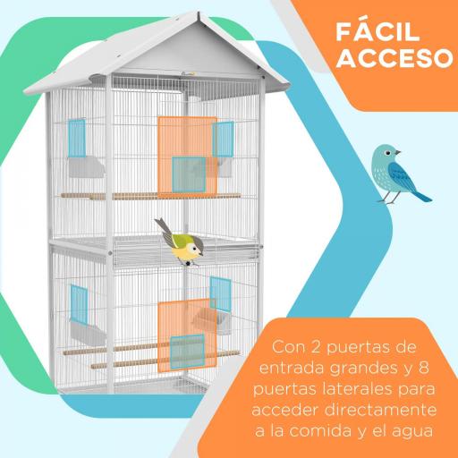 Jaula para Pájaros Grande de 2 Pisos Convertible en Sola Jaula con Ruedas Comederos 4 Perchas 78x75x168 cm Blanco [5]