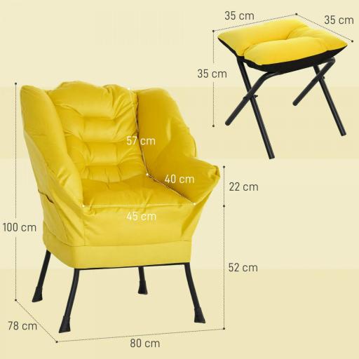 Sillón de Salón con Otomana Sillón de Relax con Bolsillos Laterales y Patas de Acero para Sala de Estar Dormitorio Amarillo [1]