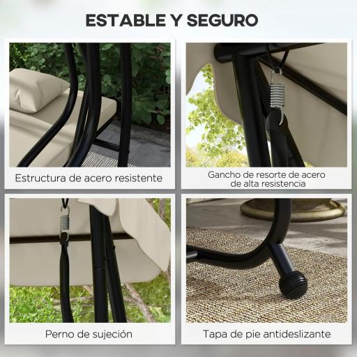 Balancín de Jardín Exterior de 3 Plazas Convertible en Cama con Toldo Ajustable y 2 Almohadas Carga 340 kg Crema [6]