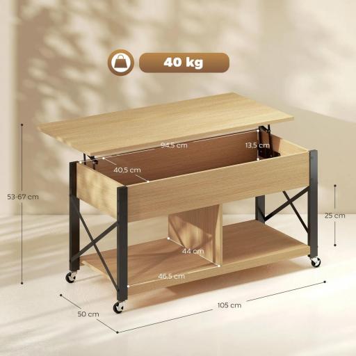Mesa de Centro Elevable con Ruedas Mesa de Salón con Compartimento Oculto Estantes Abiertos Madera Natural y Blanco [1]
