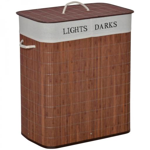 Cesto para Ropa Sucia de Bambú Capacidad de 100L Cesta para la Colada Rectangular con Tapa Extraíble Bolsa de 2 Compartimentos 52x32x63 cm Marrón [10]