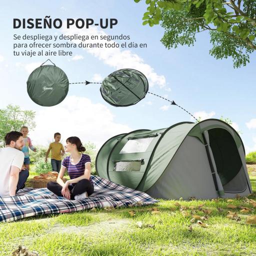 Tienda de Camping Pop-up con Ventanas Bolsillos y Bolsa de Transporte Impermeable Anti-UV 263,5x220x123 cm Verde y Gris [2]
