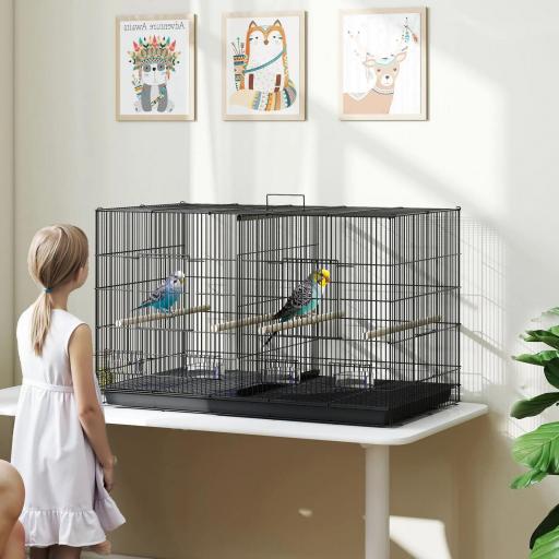 Jaula para Pájaros con Divisor 4 Comederos 4 Perchas Bandeja Extraíble para Loros Canarios Periquitos 94x57x57 cm Negro