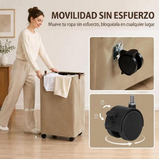 Cesto de Ropa Sucia con Tapa y Ruedas 50L Cesta de Ropa Sucia Plegable con Bolsa con Cordón Extraíble 40x30x65 cm Camel [8]