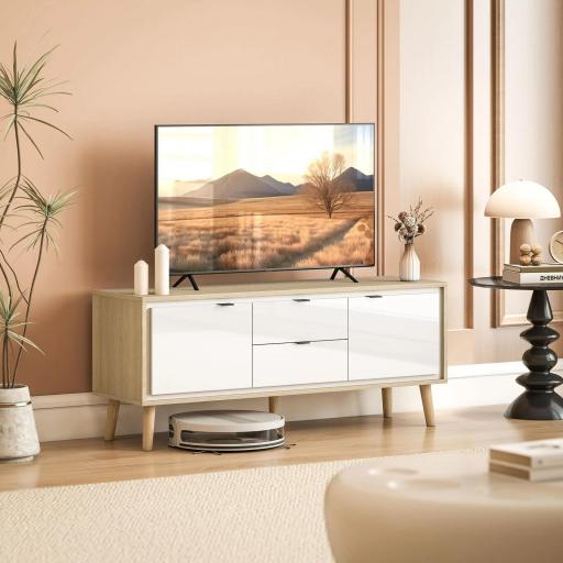 Mueble de TV Moderno de 2 Puertas 2 Cajones Orificios y Estantes Extraíbles 120x35x50 cm Blanco Brillo y Roble