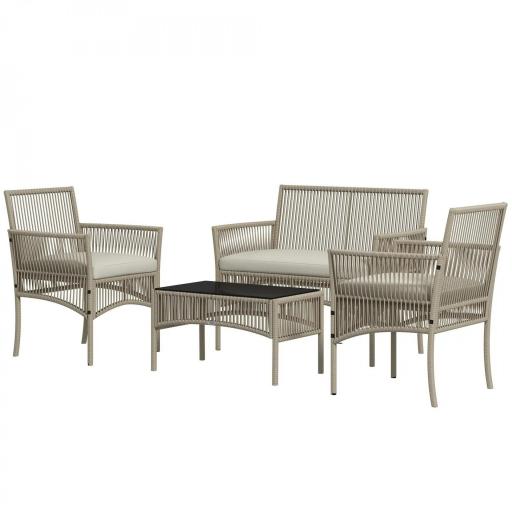 Juego de 4 Piezas Muebles de Terraza con 1 Sofá de 2 Plazas 2 Sillones y 1 Mesa de Centro con Encimera de Cristal Caqui [8]