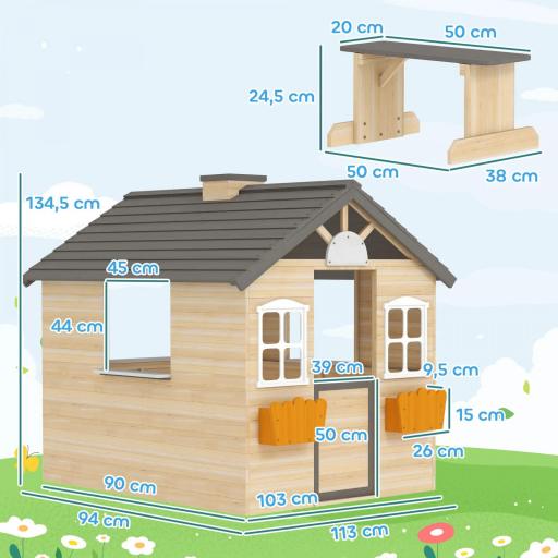 Casita Infantil de Juegos Exterior para Niños de 3 -7 Años con Ventanas 2 Jardineras y 1 Banco 113x94x134,5 cm Natural [1]