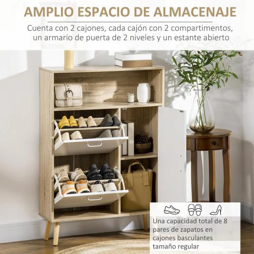 Mueble Zapatero para 8 Pares de Calzado con 2 Cajones Abatibles Armario y Balda 80x25,5x112,5 cm Natural y Blanco [2]