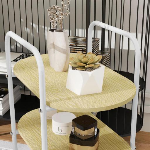 Carrito Auxiliar con Ruedas de 3 Niveles Carro de Almacenamiento con Cesta y Estantes 49,5x32,5x82,5 cm Blanco y Madera Natural [3]