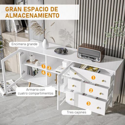 Aparador de Comedor con 2 Puertas de Cristal 3 Cajones y Patas de Madera de Caucho para Cocina Salón 160x40x80 cm Blanco [2]
