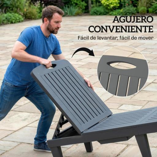 Conjunto de 2 Tumbonas Reclinables de Plástico PP con Bandeja Lateral Respaldo Ajustable 5 Niveles 192x57x28,5 cm Gris [5]