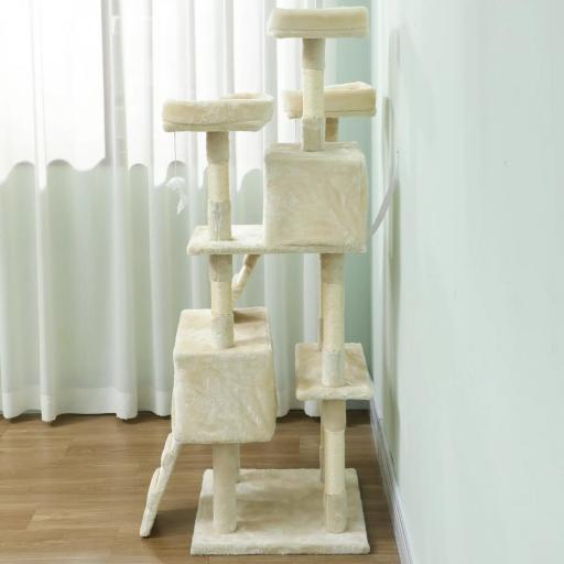 Árbol Rascador para Gatos Árbol para Gatos 153 cm con 2 Cuevas 3 Camas 2 Rampas Postes de Sisal Ratones Colgantes Crema [5]