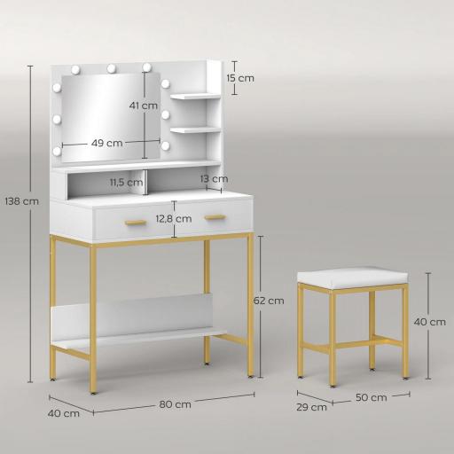 Tocador de Maquillaje con Luz y Taburete Mesa de Maquillaje con 2 Cajones y Estantes de Almacenamiento Blanco [1]