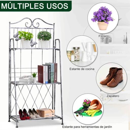Soporte para Plantas Plegable de 3 Niveles con Estructura de Metal Soporte para Macetas Gris Plateado [2]