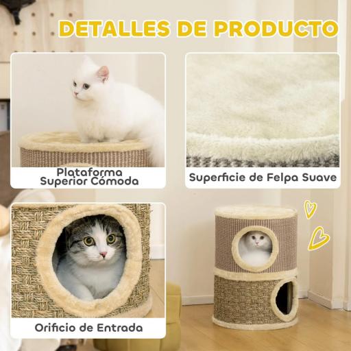 Barril Rascador para Gatos de 2 Niveles Altura 49 cm Tonel de Escalada con Cama Cubierto de Sisal Caqui y Café [4]