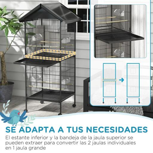 Jaula para Pájaros Grande de 2 Pisos Convertible en Sola Jaula con Ruedas Comederos 4 Perchas 78x75x168 cm Negro [4]