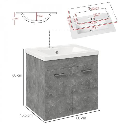 Mueble de Baño con Lavabo Cerámico Armario Bajo de Lavabo de Pared con 2 Puertas Estante Ajustable 60x45,5x60 cm Gris [1]