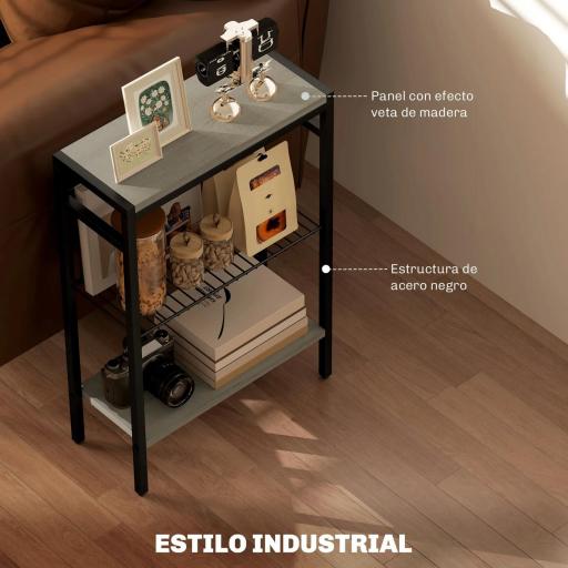Mesa Auxiliar Estrecha de 3 Niveles con Estantes Abiertos y Estructura de Acero para Salón Dormitorio 43x18x62,5cm Gris [3]