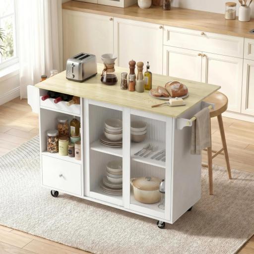 Isla de Cocina con Encimera Abatible Ruedas Puertas Correderas de Vidrio Botellero Cajón Especiero Estante Ajustable [2]