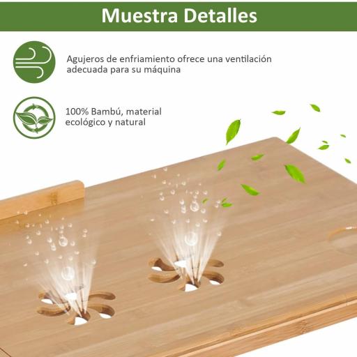 Mesa de Ordenador Portátil Bambú Bandeja de Cama Desayuno Plegable Reclinable Altura Ajustable Soporte Escritorio de regazo 1 Cajón 72x35x22-30cm [8]