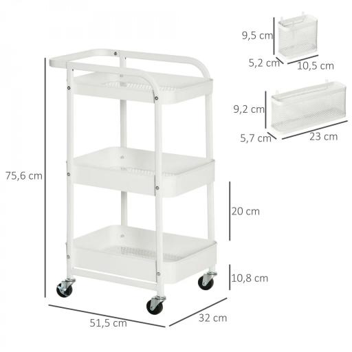 Carrito Auxiliar con Ruedas Carro de Almacenaje Multifuncional con 4 Ganchos y 2 Cestas Colgantes 51,5x32x75,6 cm Blanco [1]