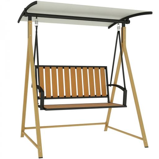 Balancín de Jardín Exterior de 2 Plazas con Toldo Ajustable y Estructura de Metal 142x112x162 cm Madera Natural y Beige [8]