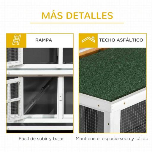 Conejera de Madera de 2 Niveles con Ruedas 2 Puertas Techo y Bandejas Extraíbles 119x50,5x109 cm Blanco y Gris [3]
