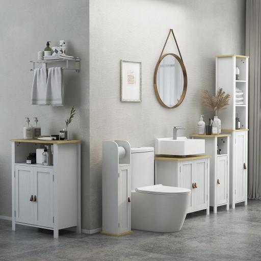 Columna de Baño Armario de Baño con Estantes Abiertos Puerta y Estante Ajustable Diseño Anti-vuelco 34x23x165 cm Blanco