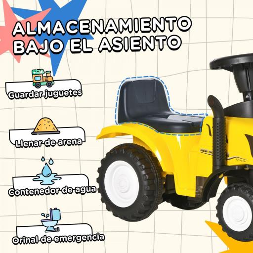 Tractor para Niños de 12-36 Meses con Remolque Extraíble Coche Correpasillos con Bocina Faros Pala Asiento de Suelo 25 cm y Rastrillo Carga 25 kg 91x29x44 cm Amarillo [4]
