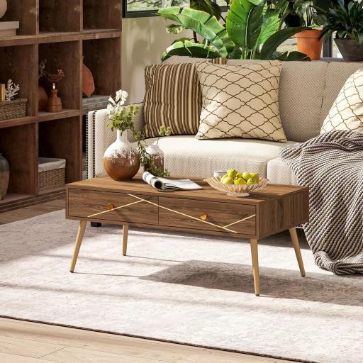 Mesa de Centro con 2 Cajones y Patas de Acero para Sala de Estar Dormitorio 100x50x41 cm Marrón