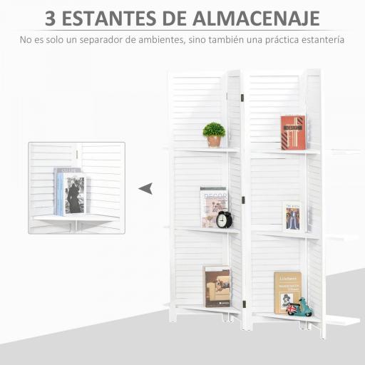 Biombo Separador de Madera de 4 Paneles Divisor de Habitaciones Plegable con 3 Estantes Extraíbles Diseño Persiana para Dormitorio Oficina 160x170 cm Blanco [2]